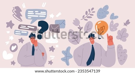 Cartoon vector illustration of good looking man thinking and search for idea process.