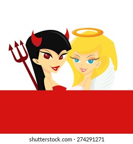 A cartoon vector illustration of a good vs evil concept with opposite characters like angel vs demon.