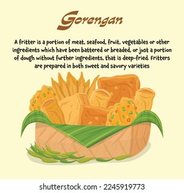 Cartoon vector illustration of gorengan indonesian street food fit for menu, cooking book or ramadhan assets. Bakwan tahu