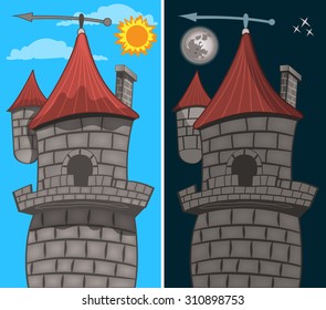 cartoon vector illustration of a Gothic castle, detail - in the day time and during the night.