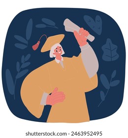 Cartoon vector illustration of graduation character woman wearing a graduation gown The concept of study, college, degree certificate over dark backround