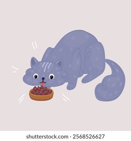 Cartoon vector illustration of gray kitten eats fresh canned cat food for small kittens at home after eating.