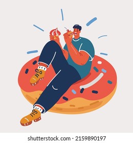 Cartoon Vector Illustration Of Greedy Funny Sweets Tooth Eater With Great Appetite Lay On Big Donut And Eat Cakes