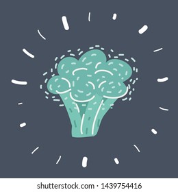 Cartoon vector illustration of Green Broccoli on dark background. Hand drawn object.