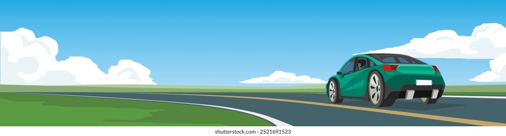 Vector de dibujos animados o ilustración de un coche verde en la carretera. Coches de lujo que circulan por carreteras de asfalto curvadas con la conducción. Campos verdes abiertos y bajo cielo azul y nubes blancas.