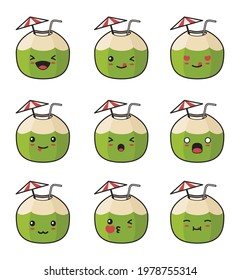 Cartoon Vector Illustration of Green coconut fruit characters with various expressions