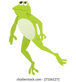 A cartoon vector illustration of a green cute frog looking up.