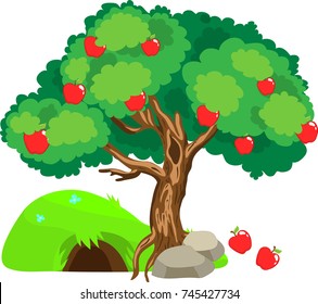 Cartoon vector illustration of green hill with hole and apple tree with red apples, roots and stones isolated on the white background