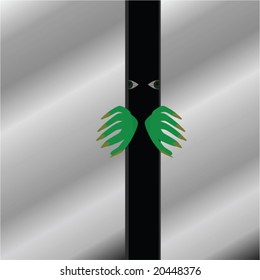 Cartoon vector illustration of a green monster forcing an elevator door open