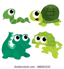 A cartoon vector illustration of a green reptiles animals like snake, turtle, crocodile and lizard.
