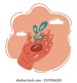 Cartoon vector illustration of Green seedling in the hand. Planting a green sprout. Ecology concept