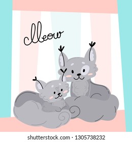 Cartoon vector illustration. Greeting card with cute gray cats characters. Colorful background