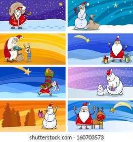 Cartoon Vector Illustration of Greeting Cards with Santa Claus or Papa Noel or Father Christmas and other Holiday Themes Set