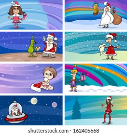 Cartoon Vector Illustration of Greeting Cards with Santa Claus or Papa Noel or Father Christmas and other Holiday Themes Set