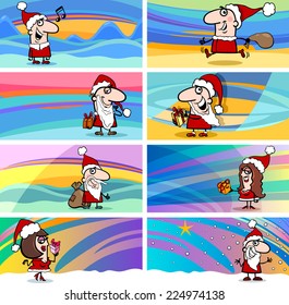 Cartoon Vector Illustration of Greeting Cards with Santa Claus or Papa Noel and Christmas Celebration Themes Set