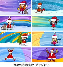 Cartoon Vector Illustration of Greeting Cards with Children in  Santa Claus Costume and Christmas Celebration Themes Set