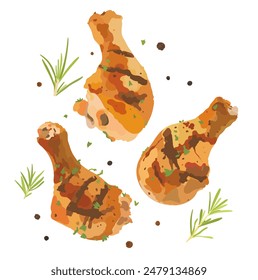 Cartoon vector illustration of grilled chicken legs with spices and herbs on white background.