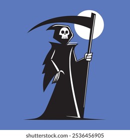 A flat‑style cartoon vector illustration of the Grim Reaper: a skeletal figure in a flowing black cloak, holding a curved scythe with both hands. A bright full moon sits behind the figure’s shoulder