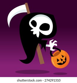 A cartoon vector illustration of a grim reaper going trick or treat for halloween.