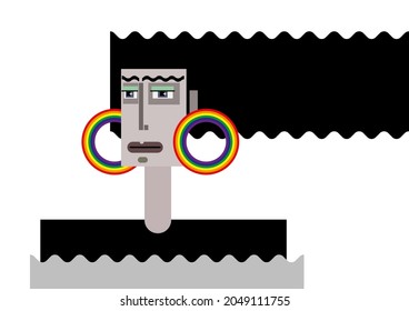 Cartoon vector illustration. Grotesque cubic character. Portrait of person with long black wavy hair and a rainbow big earring in her or his ear.