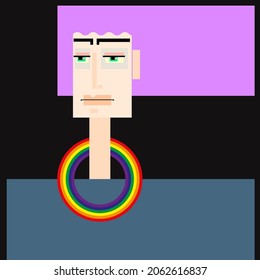 Cartoon vector illustration. Grotesque cubic character. Portrait of person with long lilac hair with a rainbow choker around her or his neck.
