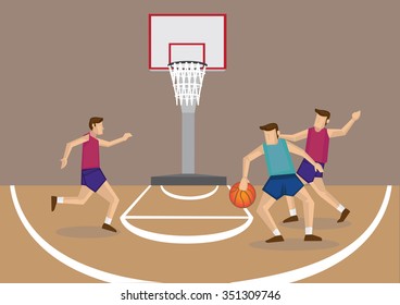 Cartoon vector illustration of a group of 3 basketball players in action at basketball court. 