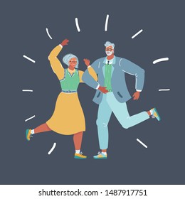 Cartoon vector illustration of Group of active seniors dressed in retro fashion dancing. Human character on dark background.