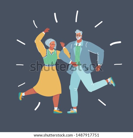 Cartoon vector illustration of Group of active seniors dressed in retro fashion dancing. Human character on dark background.