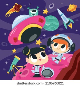 A cartoon vector illustration of a group of astronaut kids in Mars planet exploration.