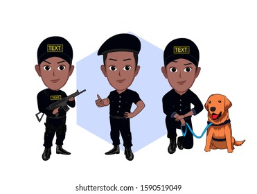 cartoon vector illustration of a group of black police posing. One carrying a rifle, one posing in an okay gesture, another carrying a sniffer unit. Isolated illustration