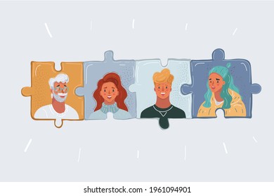 Cartoon vector illustration of Group of business people assembling jigsaw puzzle and represent team work support and help concept.