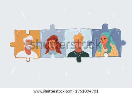 Cartoon vector illustration of Group of business people assembling jigsaw puzzle and represent team work support and help concept.
