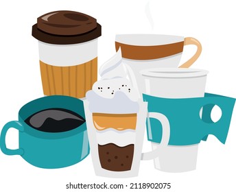 A cartoon vector illustration of group of coffee cups.