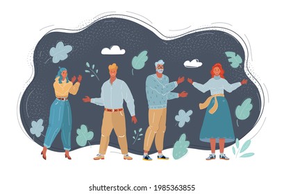 Dibujo vectorial de un grupo de personas creativas. Grupo de empresarios de fondo oscuro.