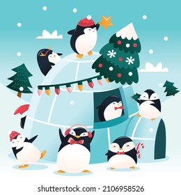 A cartoon vector illustration of a group of cute penguins christmas decorating an igloo in winter.