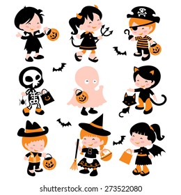 A cartoon vector illustration of a group of cute kids in halloween costume going trick or treating.