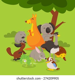 A cartoon vector illustration of a group of cute and happy australian animals like kangaroo, koala bear, wombat, emu, bilby, echidna, kookaburra, frill-neck lizard and platypus.