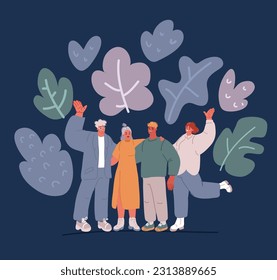 Cartoon vector illustration of Group of diverse people. Friends or coworkers are standing, hugging, posing together. Cartoon characters. Teamwork, togetherness, friendship concept over dark background