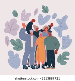 Cartoon vector illustration of Group of diverse people. Friends or coworkers are standing, hugging, posing together. Cartoon characters. Teamwork, togetherness, friendship concept.