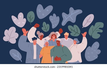 Cartoon vector illustration of Group of diverse people. Friends or coworkers are standing, hugging, posing together. Cartoon characters. Teamwork, togetherness, friendship concept over drak background