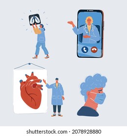 Cartoon vector illustration of Group of doctors and medical staff. Medical team concept. People character. Online consultation, xray, cardio
