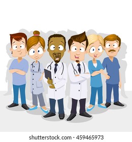 Cartoon vector illustration of group of doctors in hospital