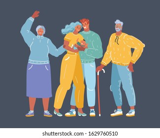 Cartoon vector illustration of Group of fig cartoon family with parents, children and grandparents on dark background.