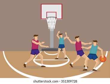 Cartoon vector illustration of a group of four young man playing basketball at basketball court. 