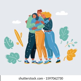 Cartoon vector illustration of Group of friends hugging together. Man and women. Three person on white.