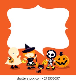 A cartoon vector illustration of a group of halloween kids and a blank copy space message/speech bubble. Ideal for party invitations or holiday message announcement.