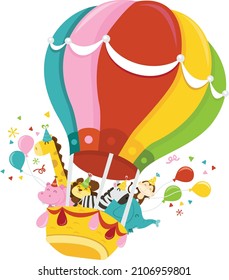 A cartoon vector illustration of a group of happy jungle animals in hot air balloon having a party.