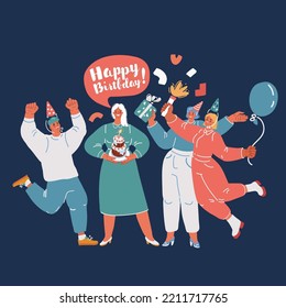 Cartoon vector illustration of Group of happy people raising hands celebrating birthday. Woman hold gift cake having fun with friends over dark backround