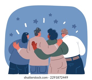 Cartoon vector illustration of group of happy friends hugging and hugs rear view.