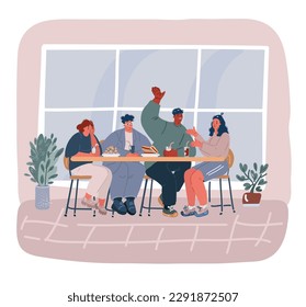 Dibujo vectorial de grupo de amigos felices desayunando en la cafetería. Colega sobre un proyecto común en una cafetería. Sitio web de debate de amigos